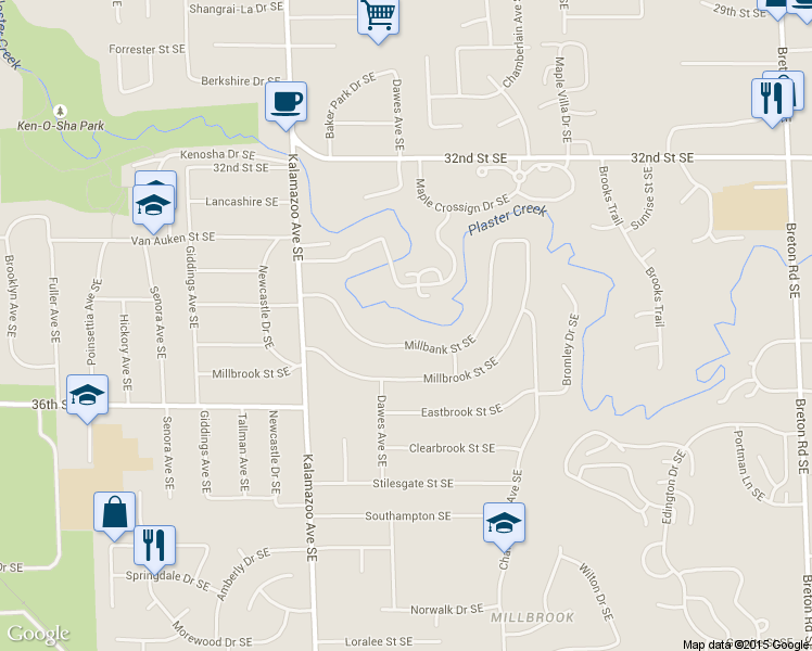 map of restaurants, bars, coffee shops, grocery stores, and more near 1743 Millbank Street Southeast in Grand Rapids