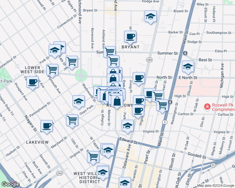 map of restaurants, bars, coffee shops, grocery stores, and more near 131 Elmwood Avenue in Buffalo