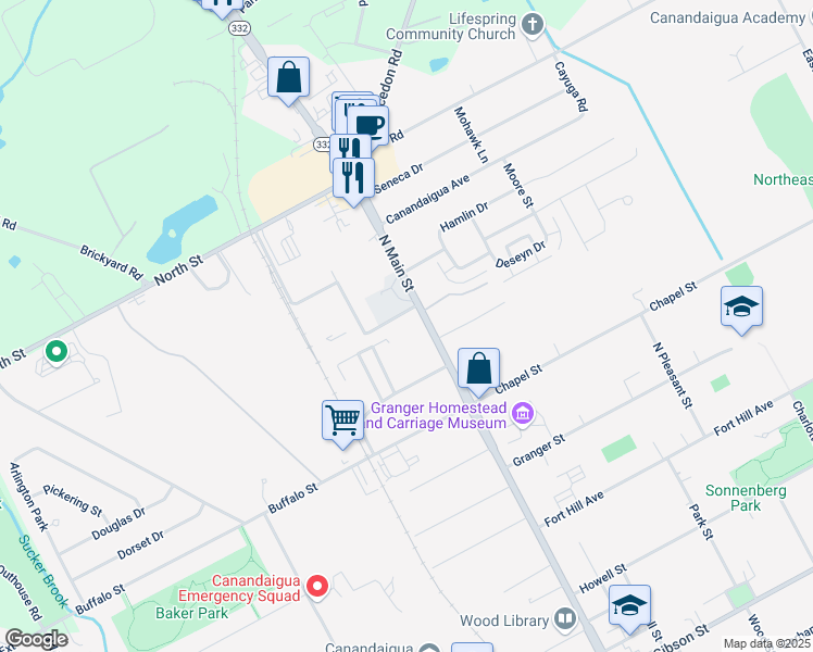 map of restaurants, bars, coffee shops, grocery stores, and more near 426 North Main Street in Canandaigua