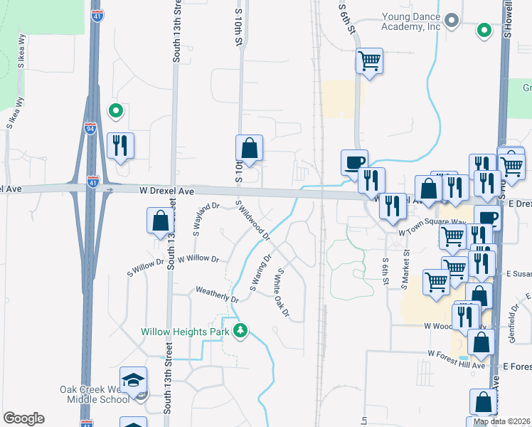 map of restaurants, bars, coffee shops, grocery stores, and more near 7974 South Wildwood Drive in Oak Creek