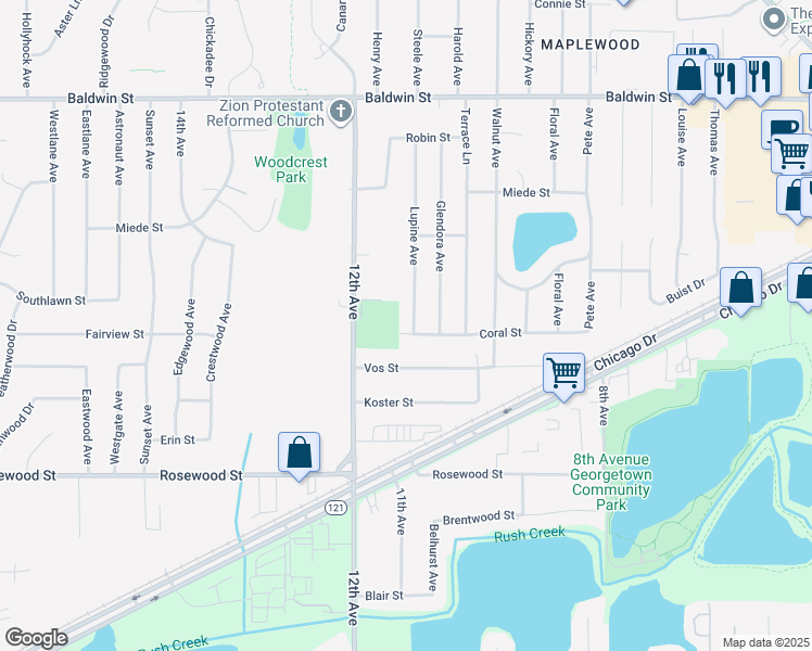 map of restaurants, bars, coffee shops, grocery stores, and more near 1143 Vos Street in Georgetown Township