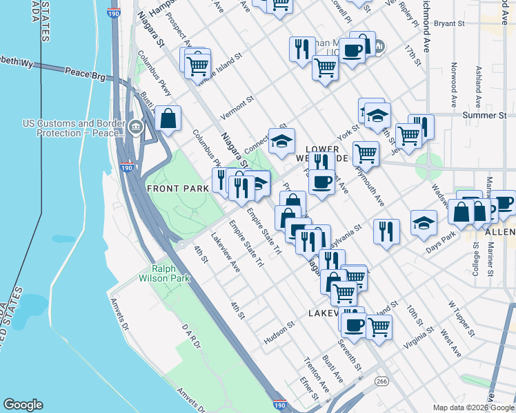 map of restaurants, bars, coffee shops, grocery stores, and more near 255 Porter Avenue in Buffalo