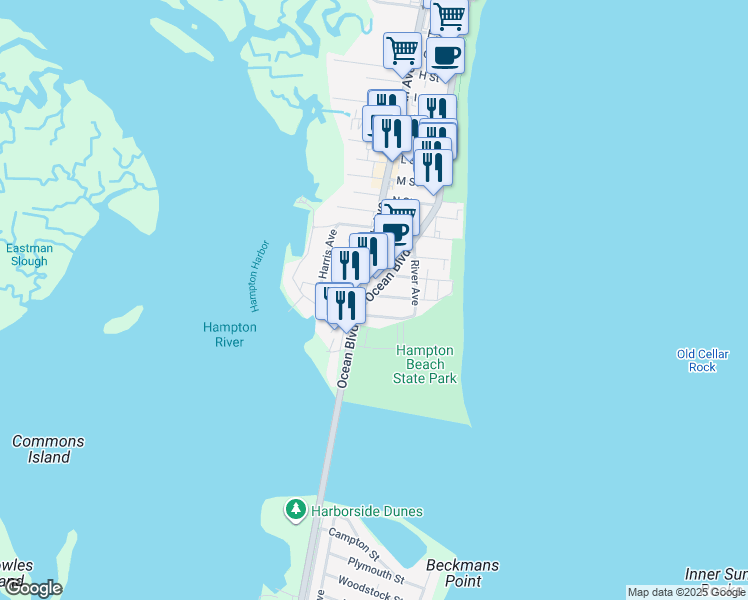 map of restaurants, bars, coffee shops, grocery stores, and more near 2-3 Ocean Boulevard in Hampton