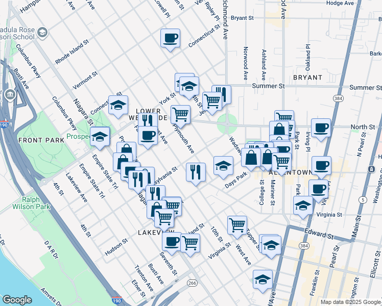 map of restaurants, bars, coffee shops, grocery stores, and more near 299 Pennsylvania Street in Buffalo