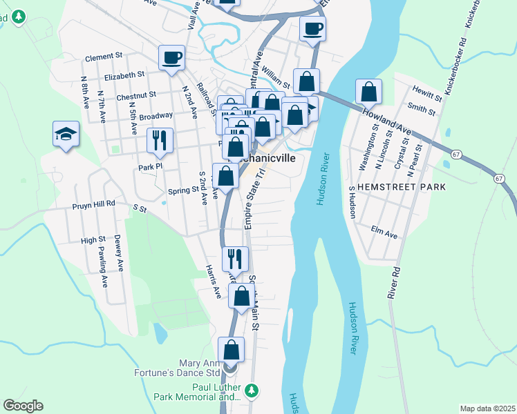 map of restaurants, bars, coffee shops, grocery stores, and more near 11 Green Street in Mechanicville