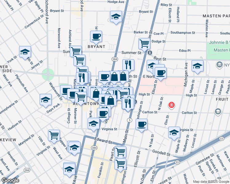 map of restaurants, bars, coffee shops, grocery stores, and more near 589 Delaware Avenue in Buffalo