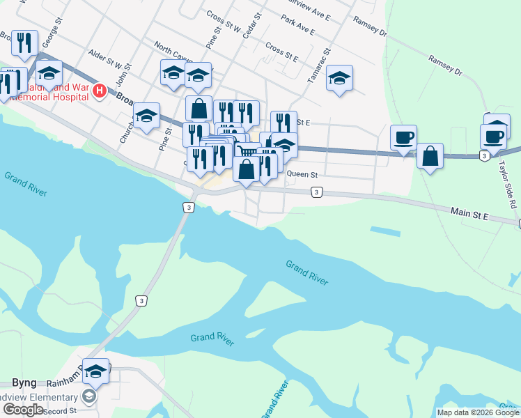 map of restaurants, bars, coffee shops, grocery stores, and more near 107 Maple Street in Haldimand County