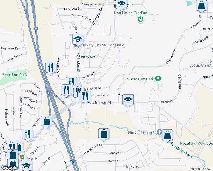 map of restaurants, bars, coffee shops, grocery stores, and more near 1817 South Fairway Drive in Pocatello