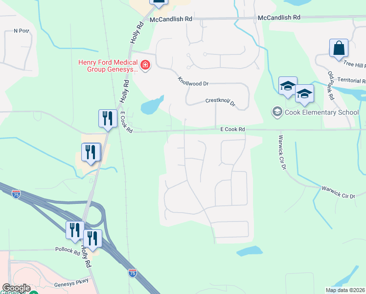 map of restaurants, bars, coffee shops, grocery stores, and more near 4212 Winchester Drive in Grand Blanc Township