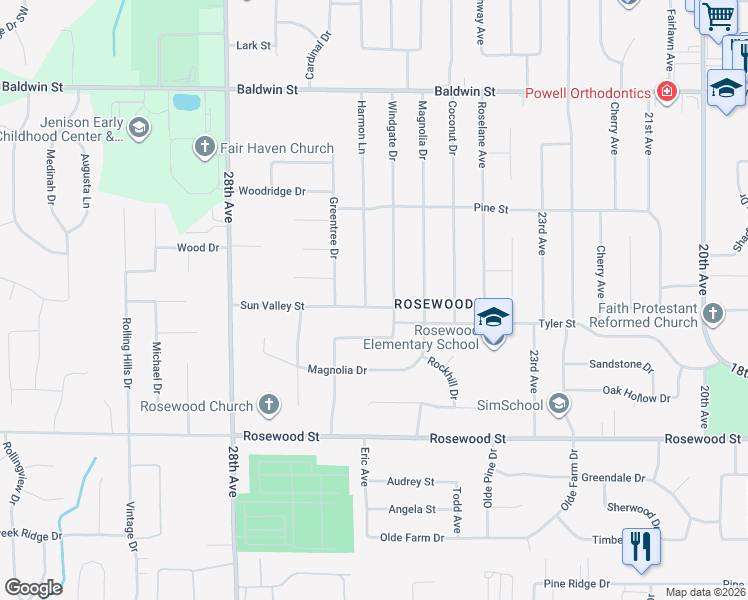 map of restaurants, bars, coffee shops, grocery stores, and more near 2584 Sun Valley Street in Georgetown Township