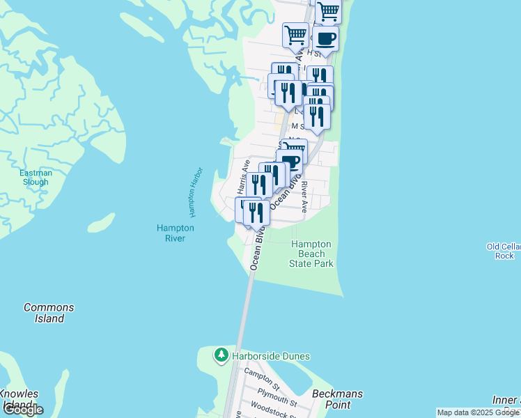 map of restaurants, bars, coffee shops, grocery stores, and more near 935 Ocean Boulevard in Hampton