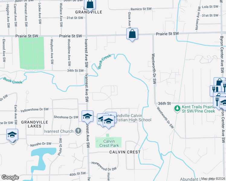 map of restaurants, bars, coffee shops, grocery stores, and more near 3047 Willow Creek Drive Southwest in Grandville