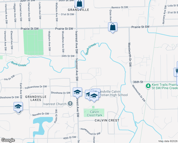 map of restaurants, bars, coffee shops, grocery stores, and more near 3560 Ivanrest Avenue Southwest in Grandville