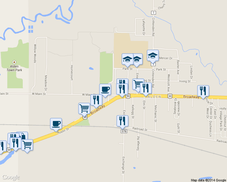 map of restaurants, bars, coffee shops, grocery stores, and more near 13154 Main Street in Alden