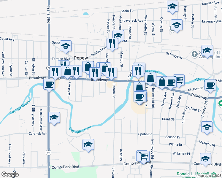 map of restaurants, bars, coffee shops, grocery stores, and more near 15 Short Street in Depew