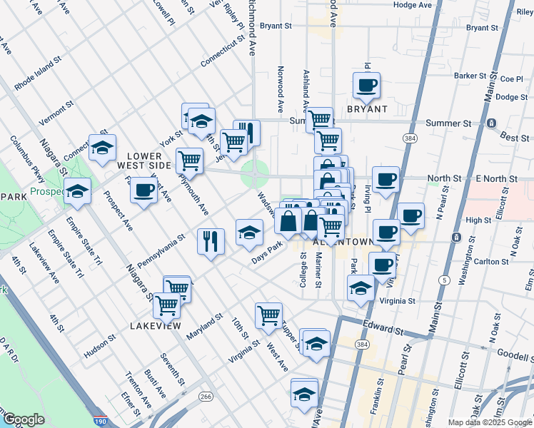 map of restaurants, bars, coffee shops, grocery stores, and more near 389 Hudson Street in Buffalo