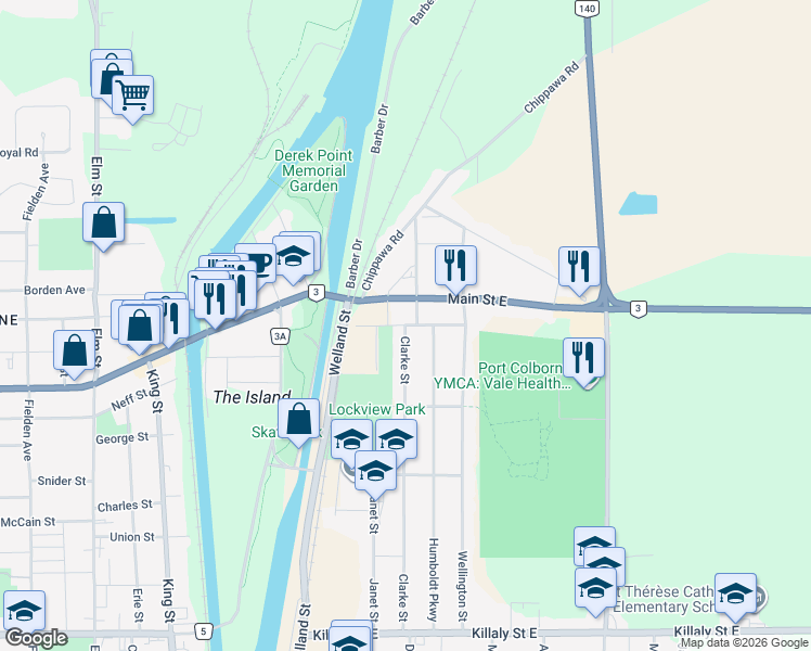 map of restaurants, bars, coffee shops, grocery stores, and more near Chestnut Avenue in Port Colborne