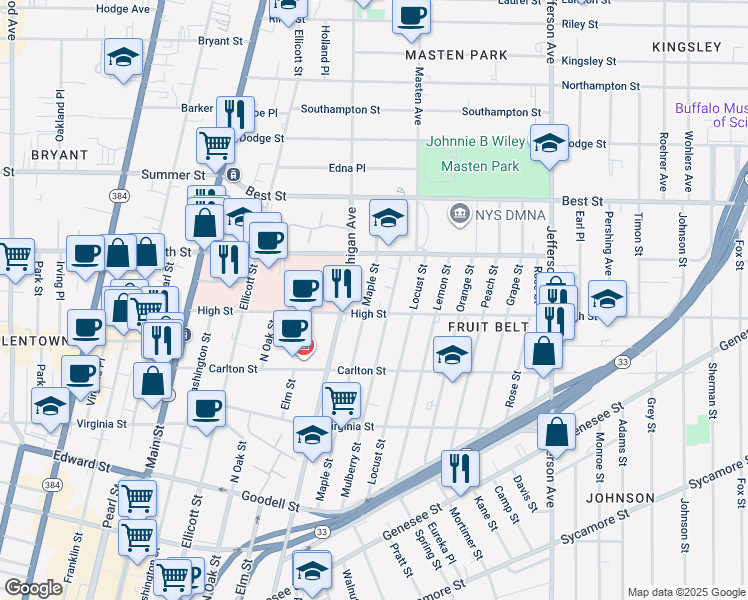 map of restaurants, bars, coffee shops, grocery stores, and more near 243 Mulberry Street in Buffalo