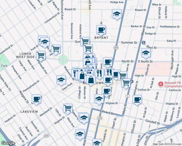 map of restaurants, bars, coffee shops, grocery stores, and more near 116 Elmwood Avenue in Buffalo
