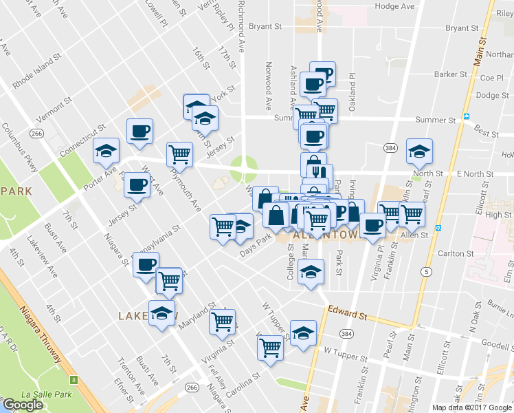 map of restaurants, bars, coffee shops, grocery stores, and more near 389 Hudson Street in Buffalo
