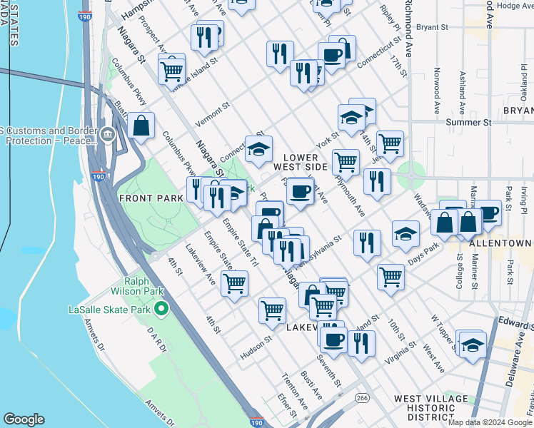 map of restaurants, bars, coffee shops, grocery stores, and more near 591 New York 266 in Buffalo