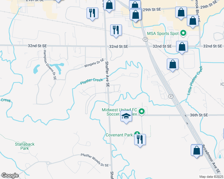map of restaurants, bars, coffee shops, grocery stores, and more near 3242 Huntington Woods Drive Southeast in Kentwood