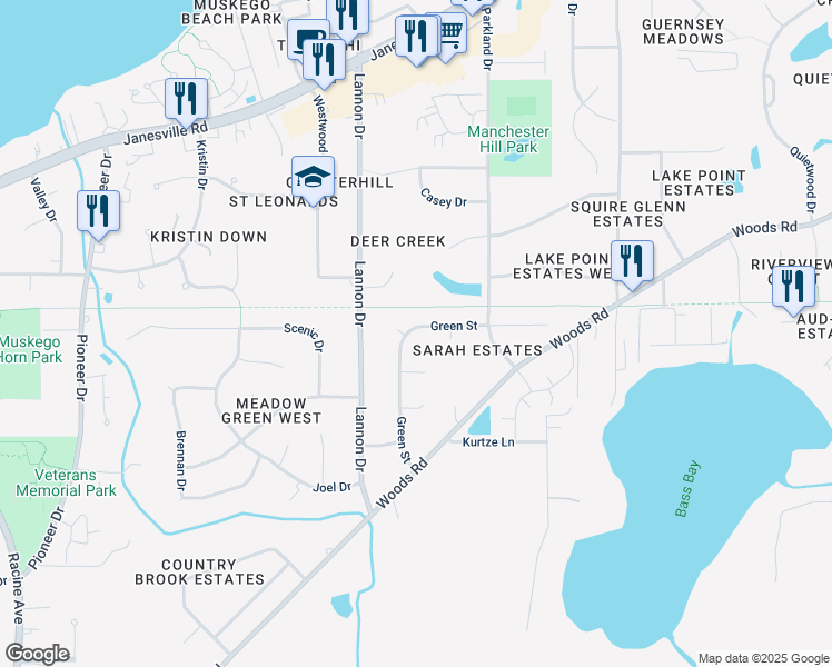 map of restaurants, bars, coffee shops, grocery stores, and more near S79W16988 Dlynn Court in Muskego