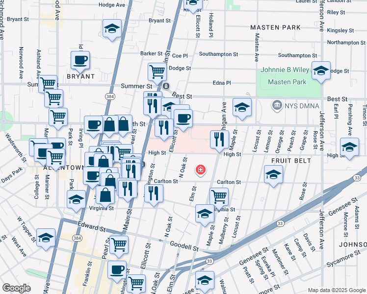 map of restaurants, bars, coffee shops, grocery stores, and more near 100 High Street in Buffalo