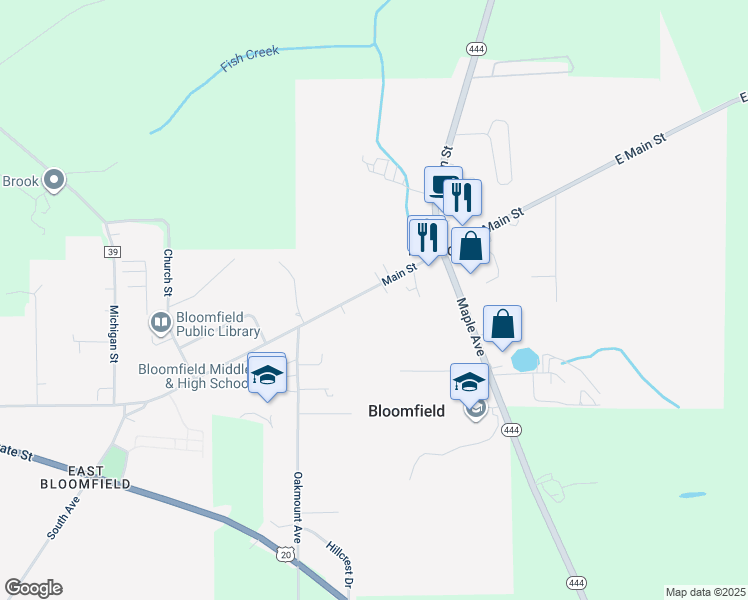 map of restaurants, bars, coffee shops, grocery stores, and more near 40 Main Street in Bloomfield