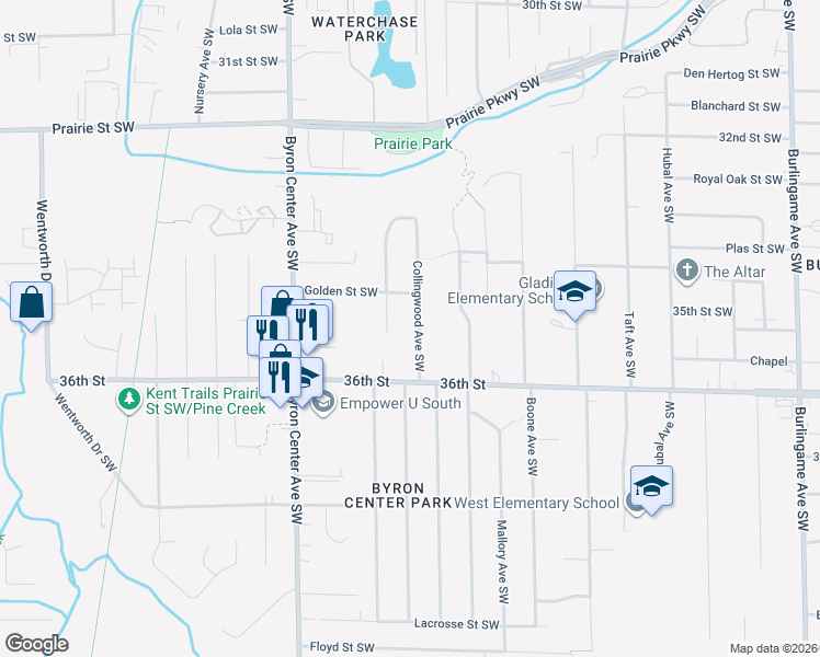 map of restaurants, bars, coffee shops, grocery stores, and more near 3452 Wyoming Avenue Southwest in Wyoming
