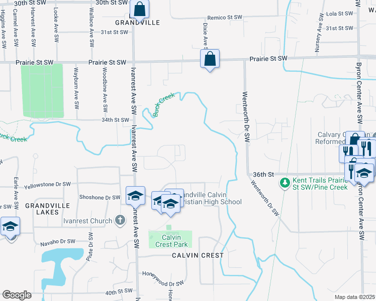 map of restaurants, bars, coffee shops, grocery stores, and more near 3560 Ivanrest Avenue Southwest in Grandville