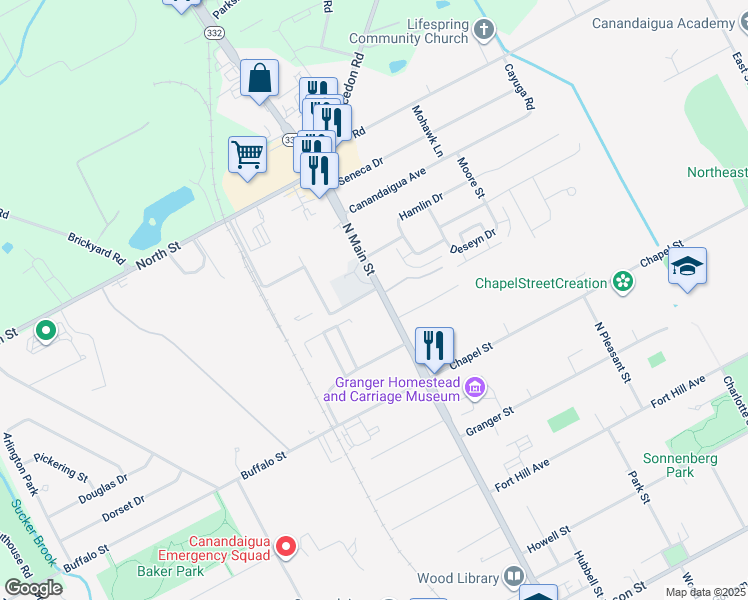 map of restaurants, bars, coffee shops, grocery stores, and more near 426 North Main Street in Canandaigua