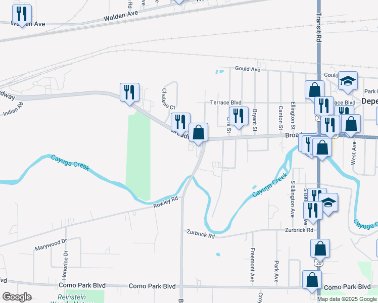 map of restaurants, bars, coffee shops, grocery stores, and more near in Depew