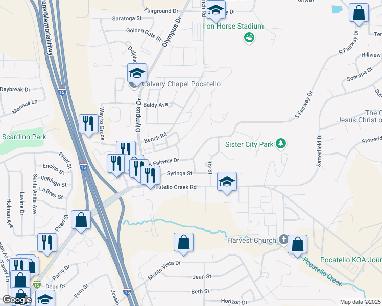 map of restaurants, bars, coffee shops, grocery stores, and more near 1757 South Von Elm Street in Pocatello