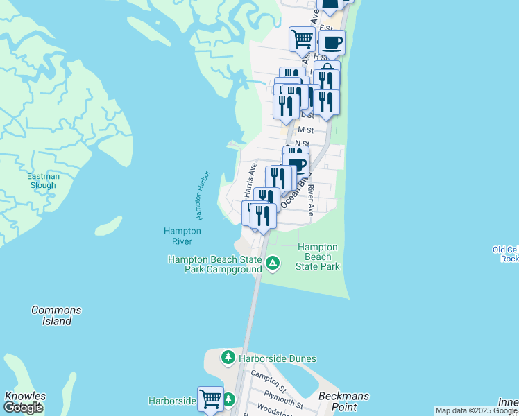map of restaurants, bars, coffee shops, grocery stores, and more near 19 Harris Avenue in Hampton