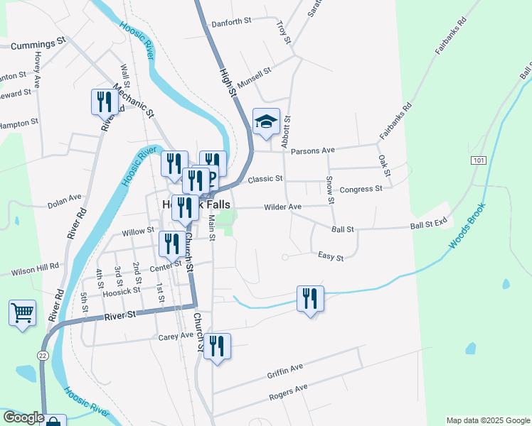 map of restaurants, bars, coffee shops, grocery stores, and more near 46 Wilder Avenue in Hoosick Falls
