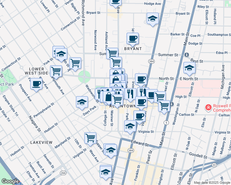 map of restaurants, bars, coffee shops, grocery stores, and more near 168 Elmwood Avenue in Buffalo