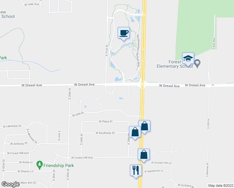 map of restaurants, bars, coffee shops, grocery stores, and more near 2933 South Riverwood Boulevard in Franklin