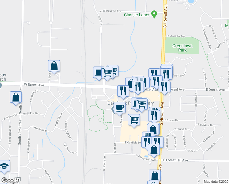 map of restaurants, bars, coffee shops, grocery stores, and more near 7935 South Main Street in Oak Creek