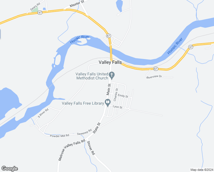 map of restaurants, bars, coffee shops, grocery stores, and more near 25 Main Street in Valley Falls