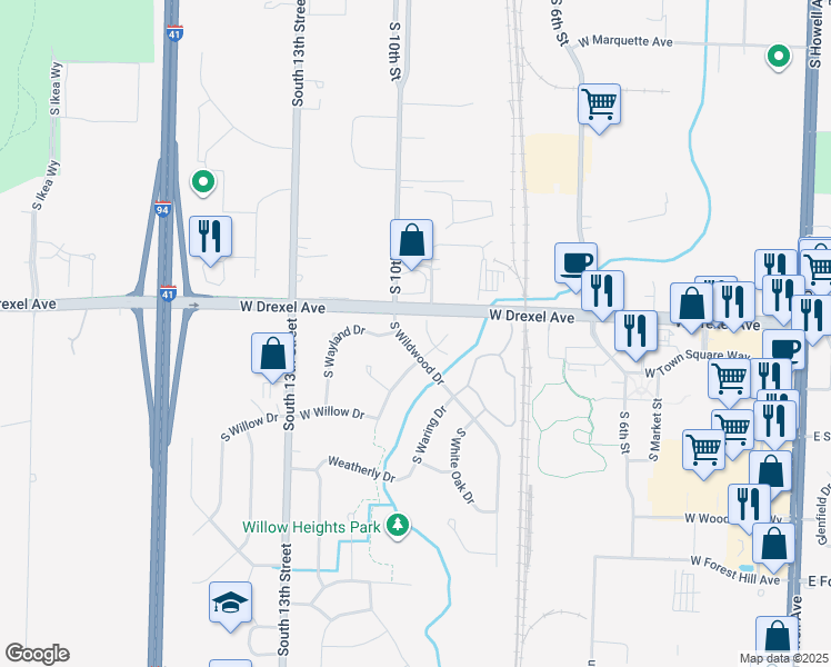 map of restaurants, bars, coffee shops, grocery stores, and more near 7926 South Wildwood Drive in Oak Creek