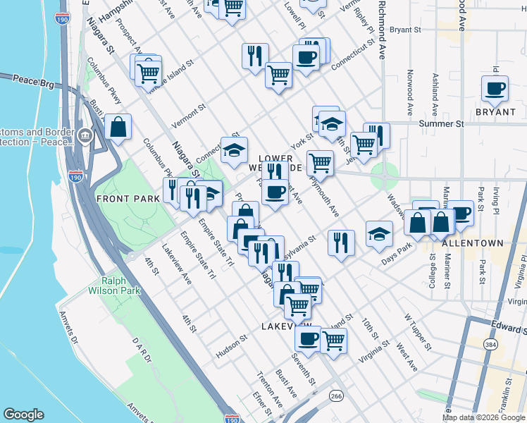map of restaurants, bars, coffee shops, grocery stores, and more near 168 Fargo Avenue in Buffalo