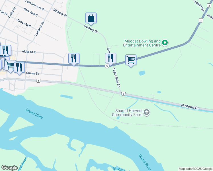 map of restaurants, bars, coffee shops, grocery stores, and more near Main Street East in Haldimand County