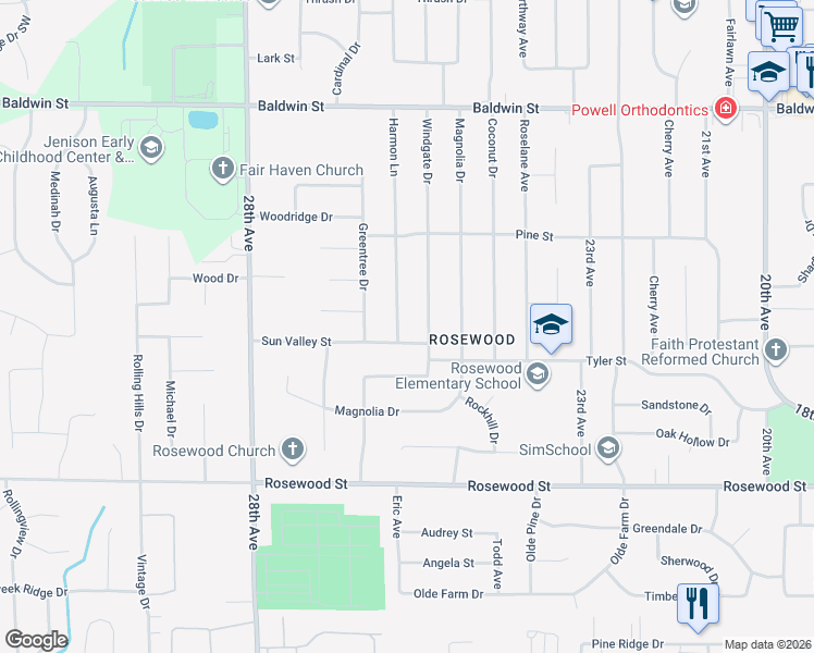 map of restaurants, bars, coffee shops, grocery stores, and more near 7281 Harmon Lane in Georgetown Township