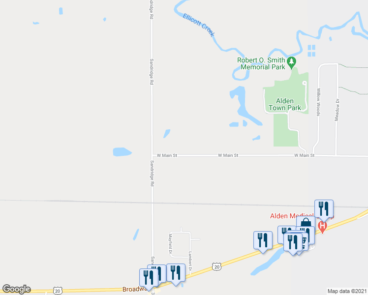 map of restaurants, bars, coffee shops, grocery stores, and more near 12528 West Main Street in Alden