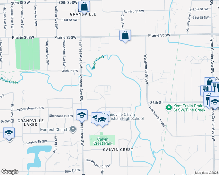 map of restaurants, bars, coffee shops, grocery stores, and more near 3560 Ivanrest Avenue Southwest in Grandville