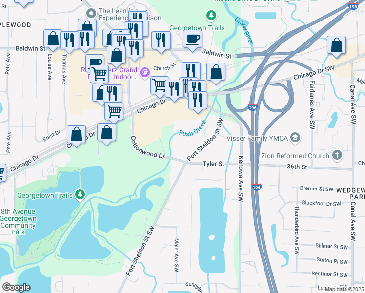 map of restaurants, bars, coffee shops, grocery stores, and more near 141 Port Sheldon Street Southwest in Grandville