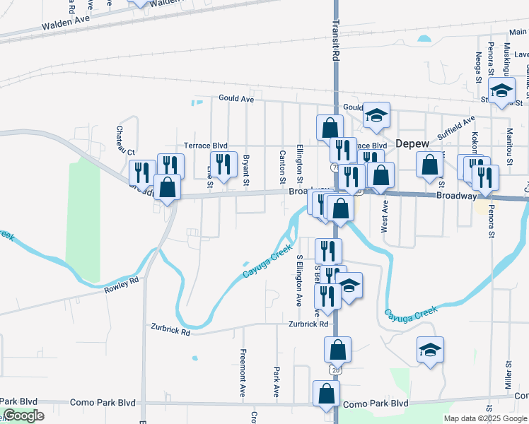 map of restaurants, bars, coffee shops, grocery stores, and more near 201 River Street in Depew