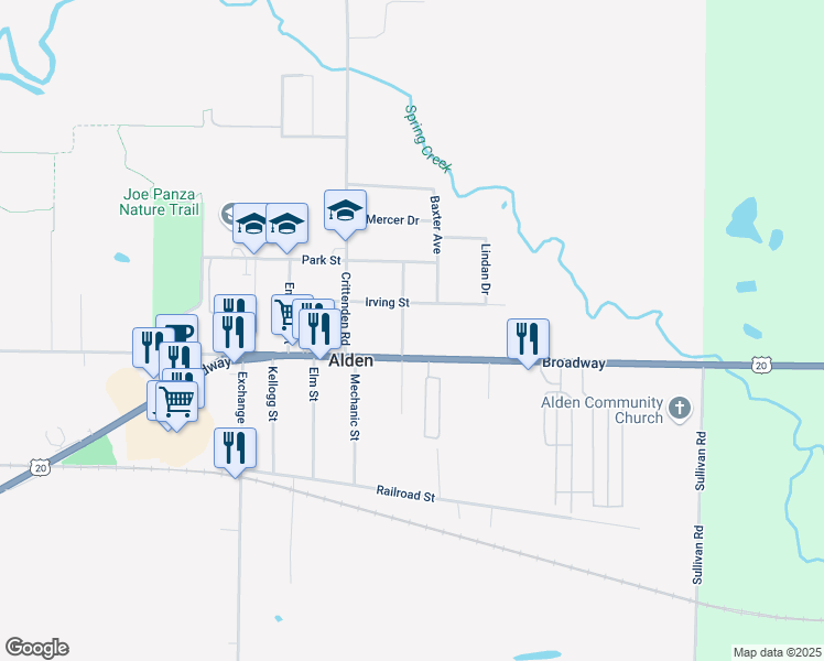map of restaurants, bars, coffee shops, grocery stores, and more near 13395 Irving Street in Alden