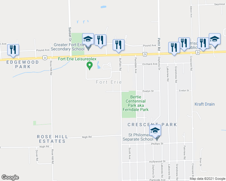 map of restaurants, bars, coffee shops, grocery stores, and more near 921-953 Ruby Ave in Fort Erie
